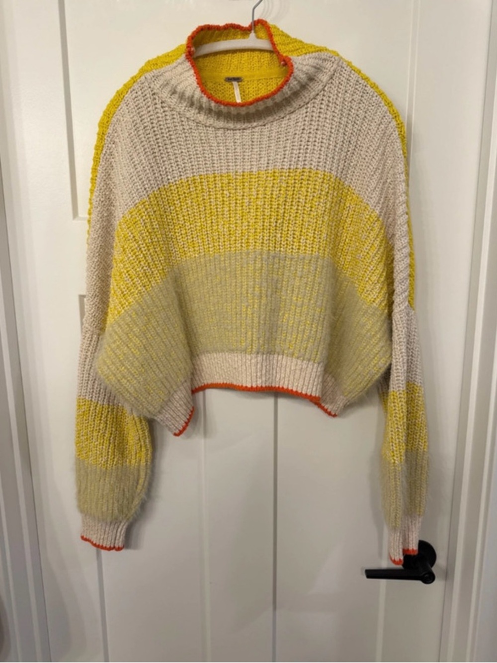 Free People Cream & Yellow Striped Cropped Turtleneck Sweater with Orange Trim